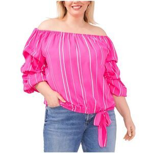 Vince Camuto Womens Plus Size Sleeve Tie Front Pullover Off the Shoulder Blou...